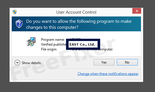 Screenshot where EAST Co., Ltd. appears as the verified publisher in the UAC dialog